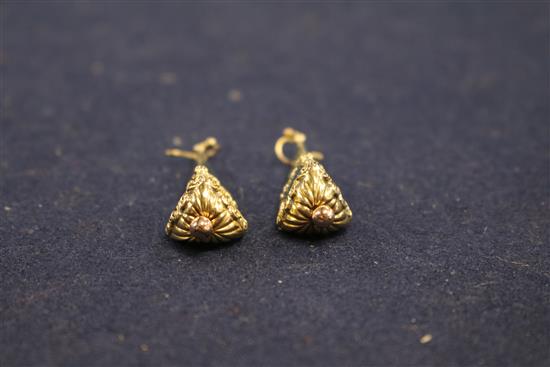 A pair of ornate 9ct gold and enamel tapering triangular drop earrings, 50mm.